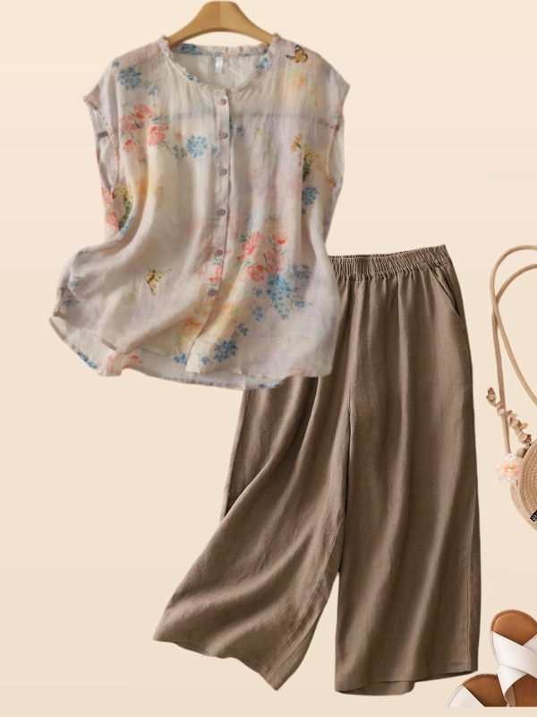 Summer Clothing Over 60 - Summer Cotton Linen Floral Print Shirt
