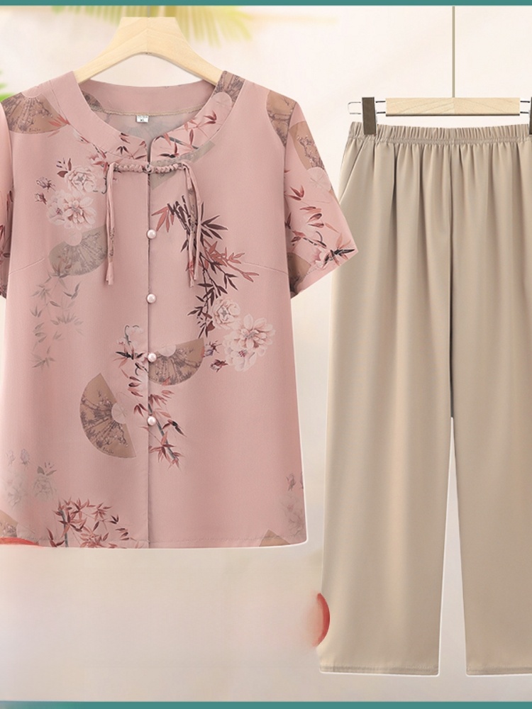 Summer Clothing Over 60 - Fashionable Short Sleeve Two-Piece Set for