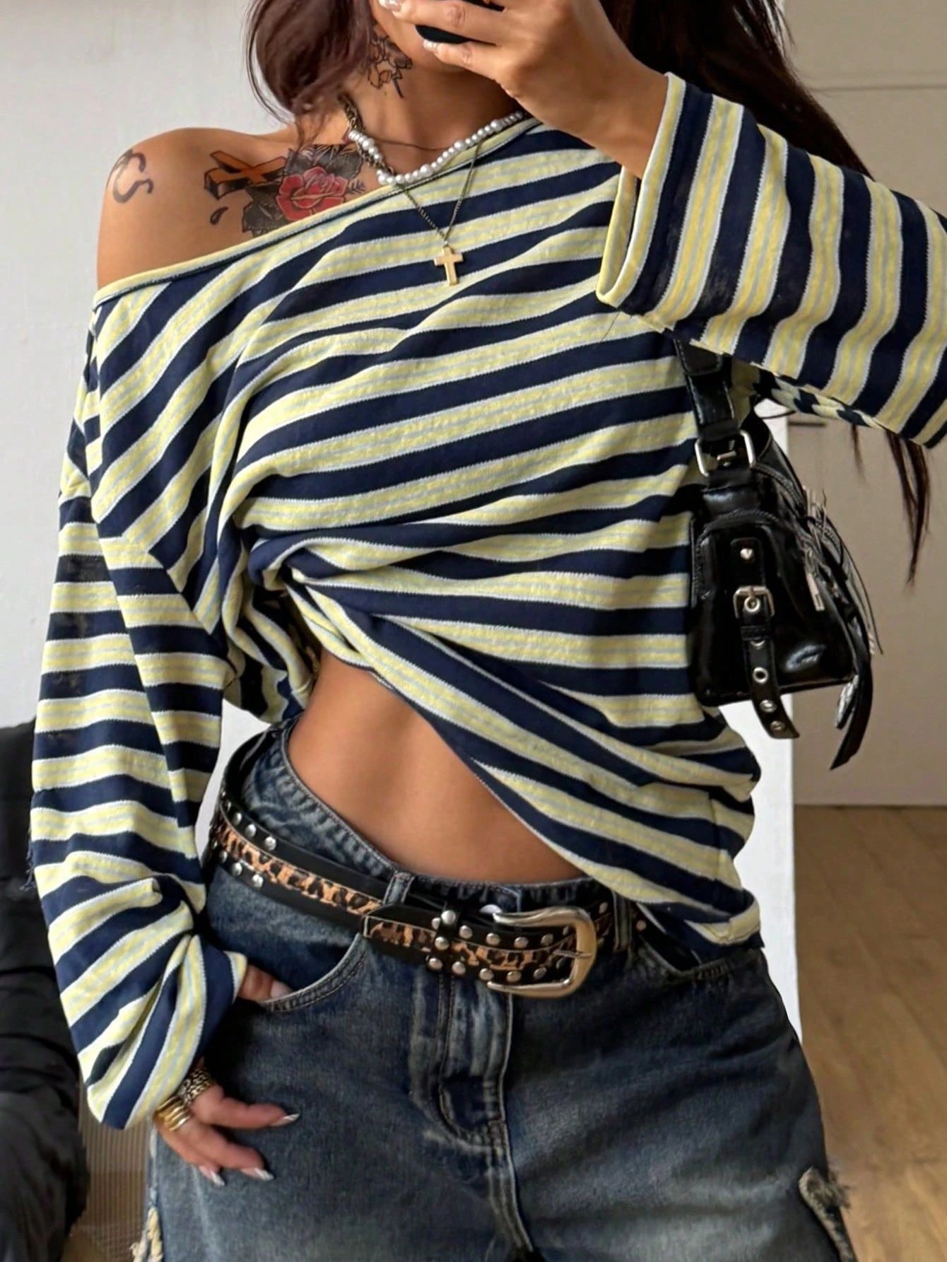 Women's Oversized Striped Blue - Off Shoulder Blouse review and price